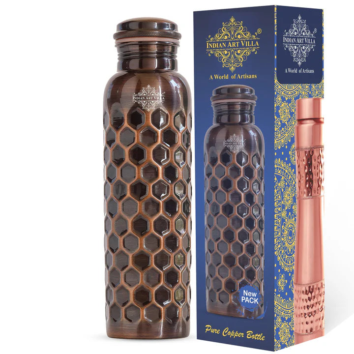 Antique Diamond Design Pure Copper Water Bottle -900ML - HoneyComb