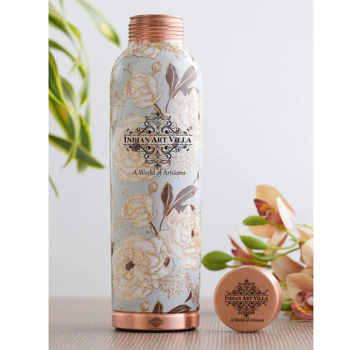 Pure Copper Water Bottle with Different Gold Print Designs, 900 ML