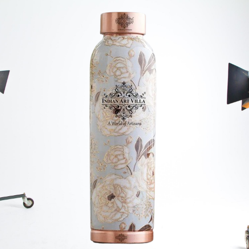 Pure Copper Water Bottle with Different Gold Print Designs, 900 ML