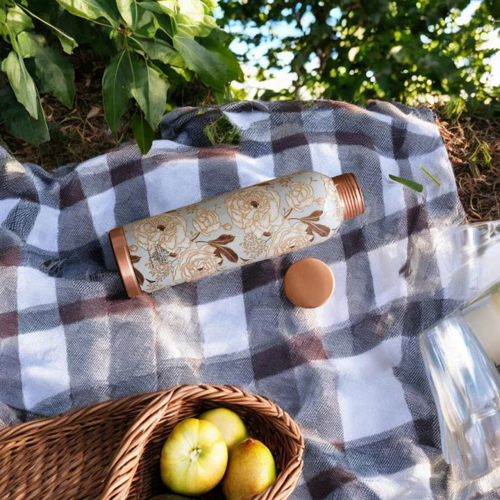 Pure Copper Water Bottle with Different Gold Print Designs, 900 ML