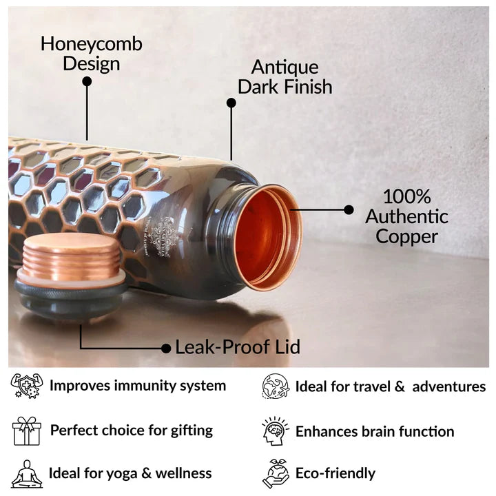 Antique Diamond Design Pure Copper Water Bottle -900ML - HoneyComb